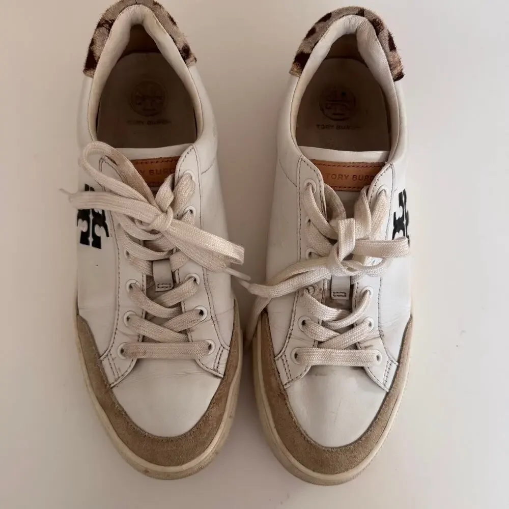 Tory Burch White Leather Andrea Color Block Logo Court Sneakers Womens Size 8